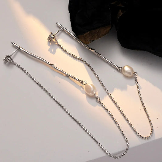 ABLES CHIC Solid 925 Silver Long Irregular Borque Pearl Ear Stud Long Chain Original Party Woman Earrings E1179