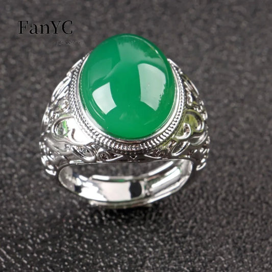 Natural 925 Silver Inlaid Green Agate Jade Ring Vintage Exquisite Men's Jewelry Adjustable Finger Ring Holiday Gift