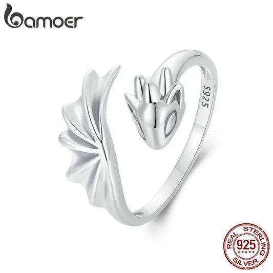 BAMOER Dragon Ring 925 Sterling Silver Adjustable Animal Rings Dragon Jewelry Gifts for Women Teens Girls SCR1017-E