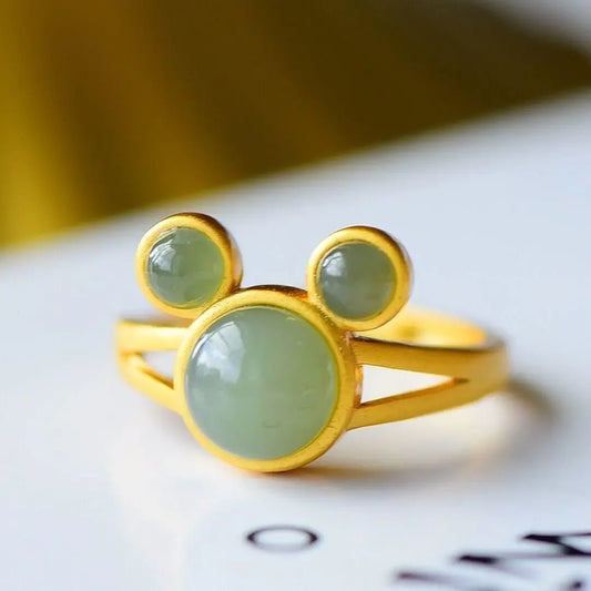 Green Jade Mouse Rings Natural Gemstone Jewelry Gifts Women Carved Adjustable Ring Accessories 925 Silver Amulet Talismans