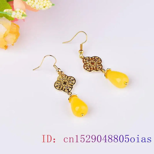 Yellow Jade Flower Earrings Natural Jewelry Gemstone Women Luxury Real Gemstones Talismans Accessories 925 Silver Amulet Carved