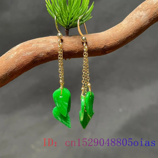 Green Jade Leaf Earrings for Women Real Amulet 925 Silver Jewelry Accessories Beads Natural Emerald Fashion Amulets Gift