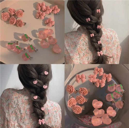 1PCS Pink Girl Cute Series Honey Peach Rose Flower Hair Clip Hair Card Sweet Wind Camellia Lace Bow Headpiece Hair Accessories