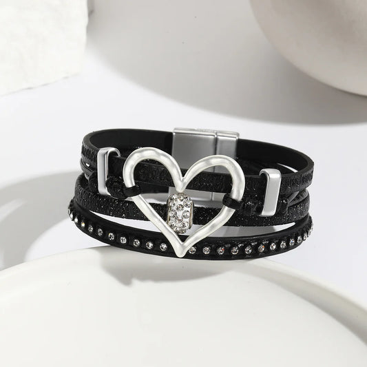 Hollow love accessories Sweet leather bracelet encrusted with diamond magnetic buckle vintage multi-layer bracelet wholesale