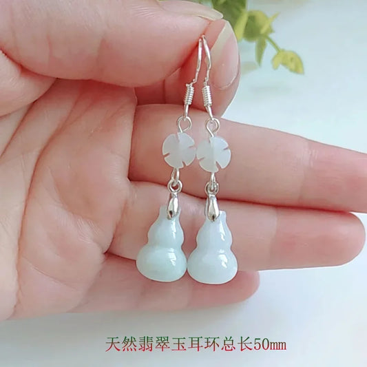 925 Silver Natural Emerald Gourd Love Water Drop Lotus Beads Earrings Charm Jewellery Accessories DIY Hand-Carved Woman Amulet