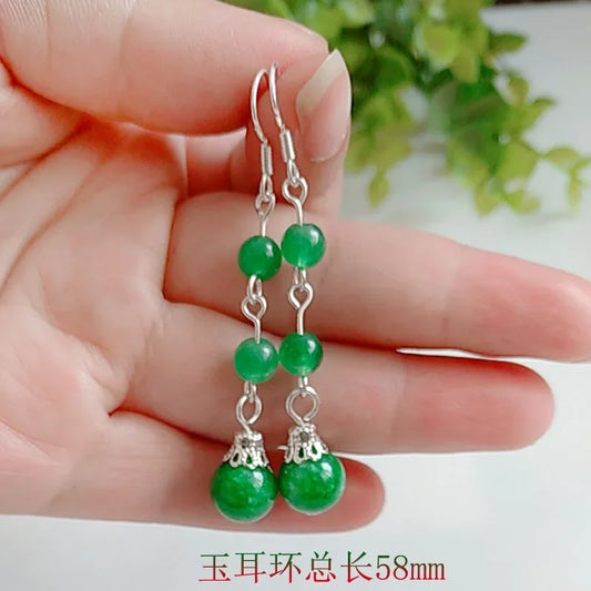 Original 925 Silver Natural Green Jade 10mm Beads Earrings DIY By Hand Accessories  Bead Women Gifts Jewelry Amulet