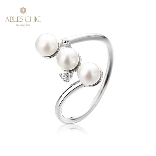 AC 5A Freshwater Pearl 5-5.5mm 3 Beads  Solid 925 Silver Party Ring RN1008