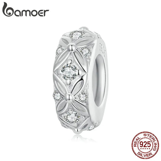 BAMOER Dainty 925 Sterling Silver Flower Pattern Silicone Spacer Bead Charm for Women fit Original Bracelet or Bangle BSC1011