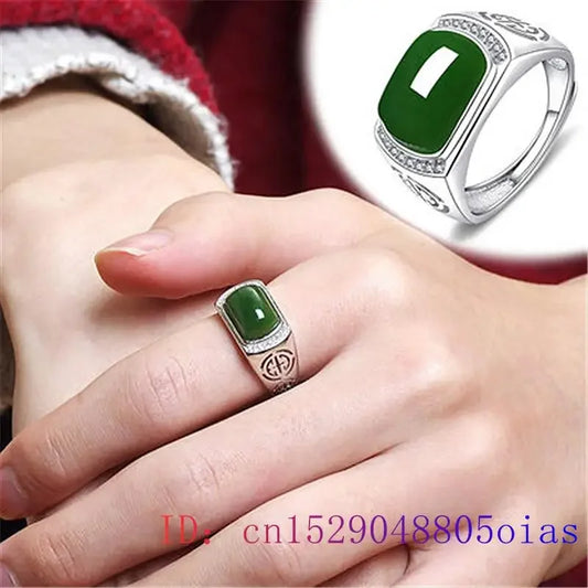 Green Jade Ring Gifts Fashion Men Charm Gemstone Crystal Women Jewelry Zircon 925 Silver Amulet Chalcedony Natural