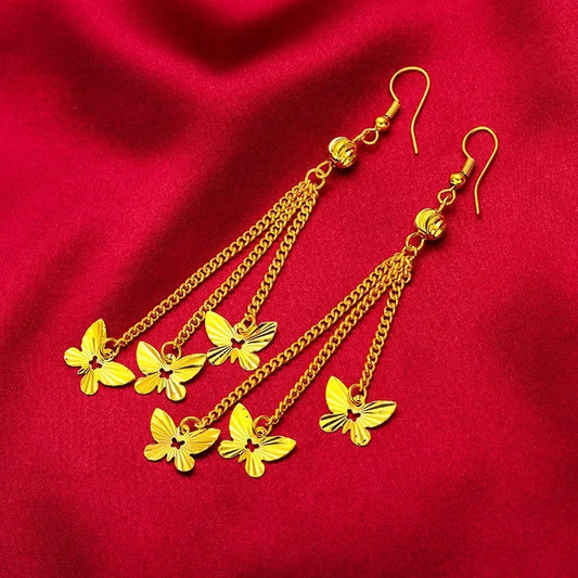 Beautiful Butterfly Bow Women Long Tassel Drop Earrings 100% 24K Real Gold Plated Mother Gifts Party Attendance Jewelry