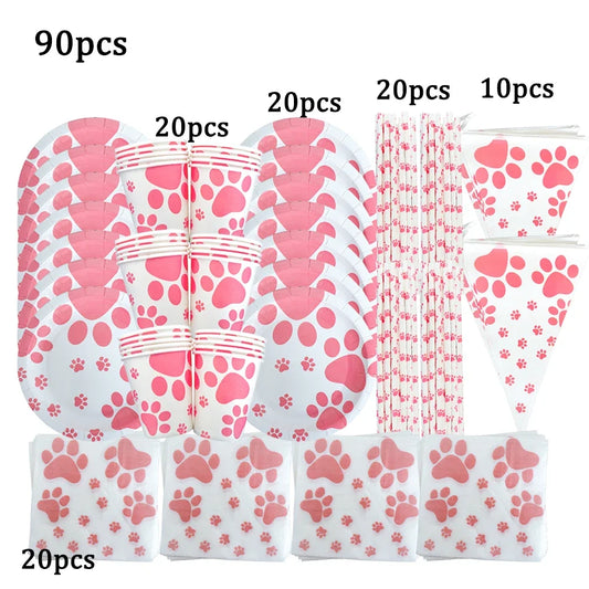 Pink Dog Paw Theme Birthday Party Decoration Disposable Tableware Set Cup Plate Pet Dog Party Decoration Baby Shower Supplies