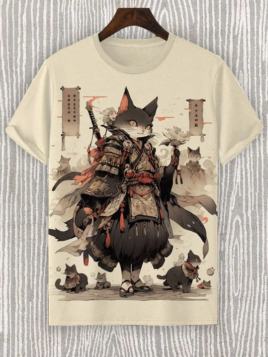 Men's T-Shirt Japanese Style Samurai Cat Graphic 3D Printed T-Shirt Casual Short Sleeved Tee Outdoor Oversized Men Clothing Tops