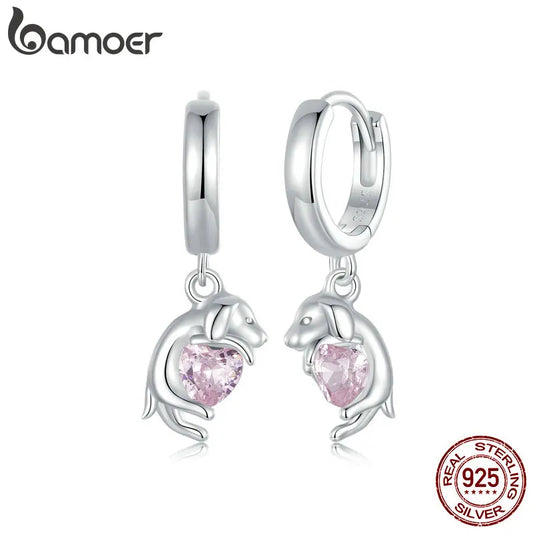 BAMOER 2024 New 925 Sterling Silver Drop Earrings, White Gold Plated Cute Golden Retriever Dangle Hypoallergenic Earrings