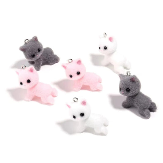 30Pcs/lot 3D Fluffy Flocking Animal crawl Cat Pendant for Jewelry Making Diy Earrings Keychain Necklace Accessories