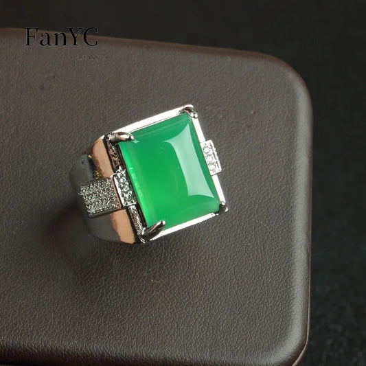 Natural 925 Silver Inlaid Green Agate Jade Ring Vintage Exquisite Men's Jewelry Adjustable Finger Ring Holiday Gift