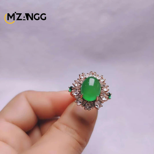 Natural Greenstone Ring 925 Silver Set Agate Egg Noodle Women's Adjustable Ring Exquisite Luxury Jewelry Holiday Gif