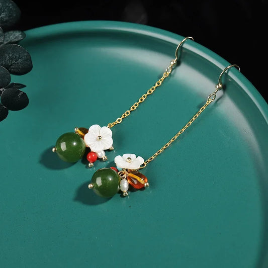 Green Jade Flower Earrings Natural Amulet Crystal Gemstone Gifts Zircon Jewelry 925 Silver Women Charm Chalcedony Fashion