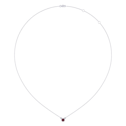 Cushion Cut Ruby & Diamond Birthstone Necklace In 14K White Gold