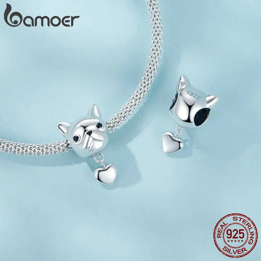 BAMOER Dainty 925 Sterling Silver Bulldog With Heart-shaped  Pendant Charms Puppy Dog Charm for Women fit Original Bracelet