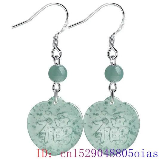 Blue Burmese Jadeite Fu Earrings Stone Luxury 925 Silver Carved Fashion Amulet Gifts for Women Gift Natural Jewelry Accessories