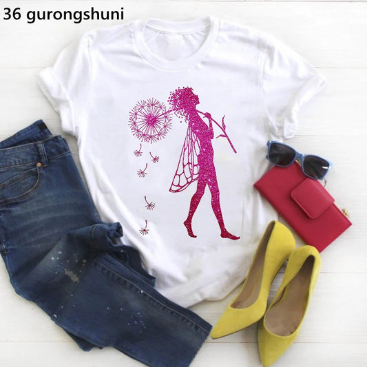 Watercolor Colorful Girls Wish Dandelion T-Shirt Lady Graphic Tees Women Clothes Female Clothing Short Sleeve Fashion Top