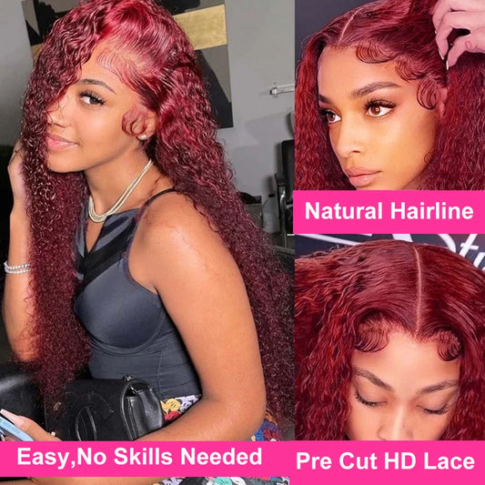 200 Density 13x4 HD Glueless Human Hair Wig Burgundy Deep Wave 99J Wigs Human Hair For Women Red Color Lace Front Human Wig