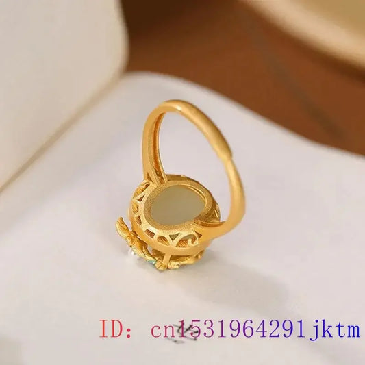 White Jade Flower Rings Jewelry Women Vintage Natural Carved Stone Real Gemstone 925 Silver Talismans Amulet Adjustable Ring