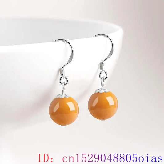 Yellow Real Jade Bead Earrings Talismans Gemstone Stone Carved Natural Jewelry 925 Silver Vintage Fashion Energy Amulet