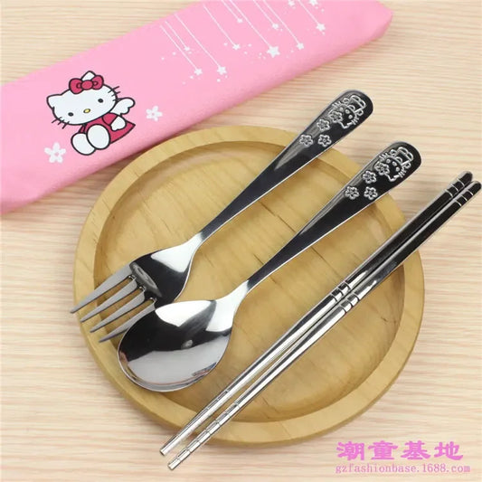 Hello Kitty Sanrio Metal Spoon Fork Chopsticks Tableware Cute Kawaii Anime Cartoon 304 Stainless Steel PU Storage Bag Baby Gift