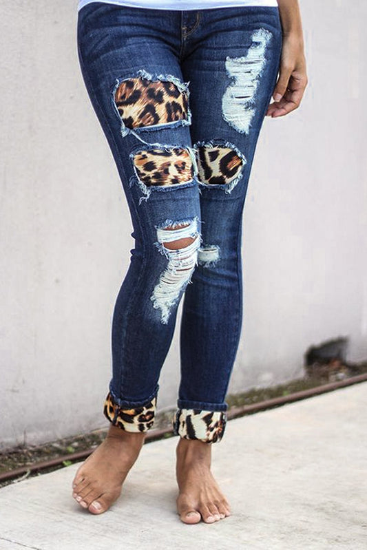 Fashion Women's Blue Hollow Out Leopard Splice Ripped Jeans