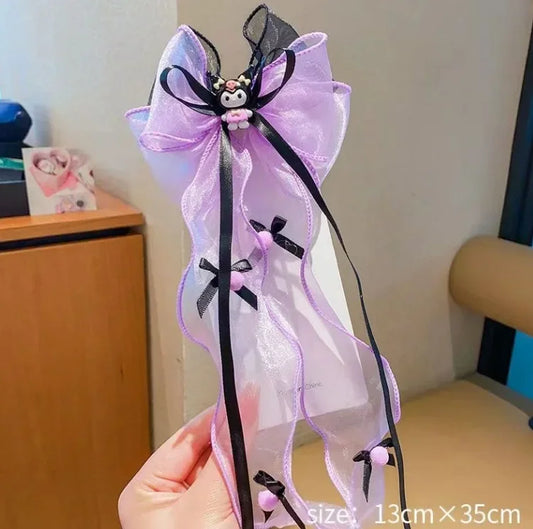 Sanrio cartoon kuromi anime baby girl long hair ribbon cute purple bow hairpin long tassel ribbon decoration headdress kawaii