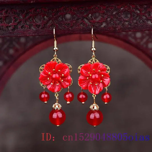 Red Jade Flower Earrings Jewelry Zircon Gemstone Amulet Natural Crystal Women Fashion Gifts Chalcedony 925 Silver Charm