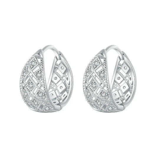 BAMOER Hollow Lace Huggie Hoop Earrings 925 Sterling Silver CZ Hypoallergenic Ear Buckles for Women Jewelry Gift BSE1035