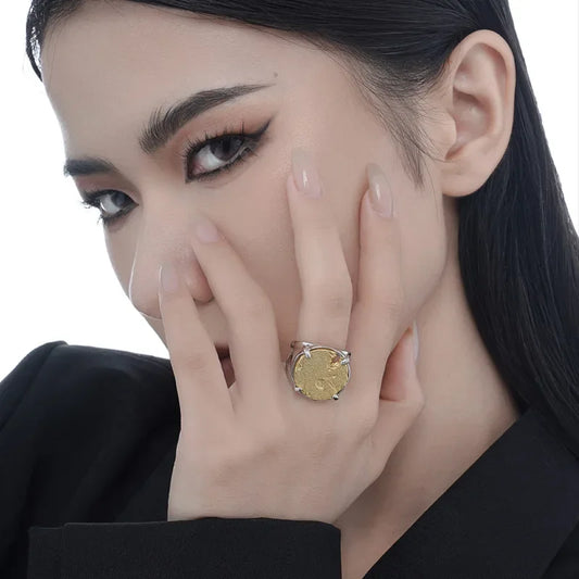 Ables Chic Matte Coin Thick Golden Disc Solid 925 Silver Ring Irregular Signet Pattern Party Open Rings R1208