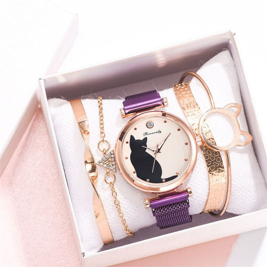 Women Fashion Watches Quartz Wristwatch Purple Mesh Belt Cat Dial