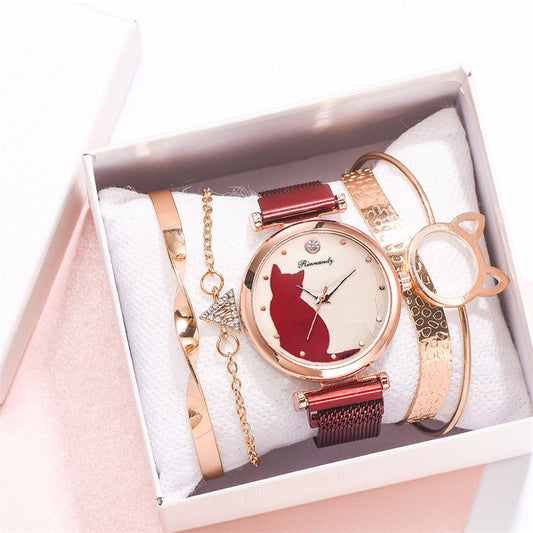 Women Fashion Watches Set 5Pcs Quartz Wristwatch Mesh Belt Cat Dial