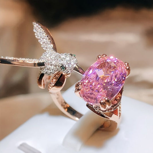 Lovely Pink Zircon And Hummingbird Open Ring Elegant Jewelry 925