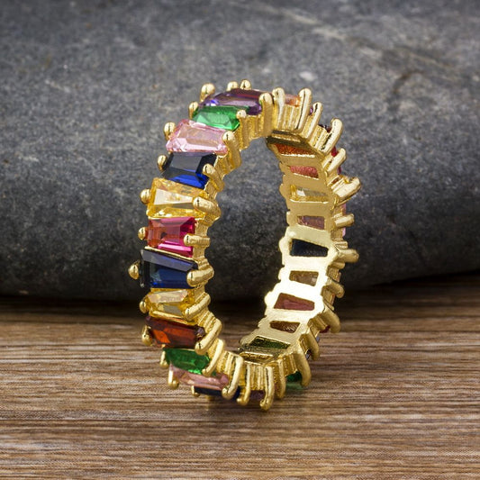 Hot Sale Thin Baguette Rainbow CZ Gold Ring For Women