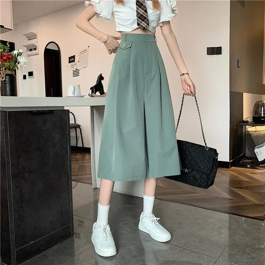 Casual Pants Womens Summer Fashion Retro Soft Calf-length Ulzzang New Folds Chic All-match Students Loose Wide Leg Fit Clothing