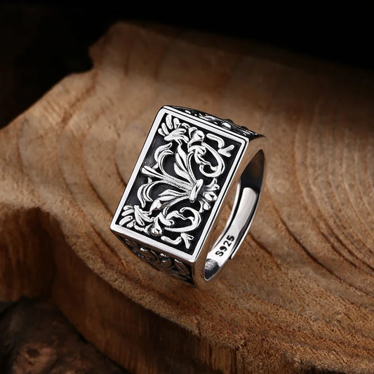 Wholesale 925 sterling silver ring Seiko Tang grass pattern ring ring opening Thai silver vintage trendy unique ornament