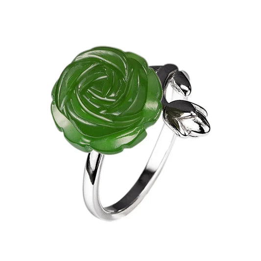 Jade Rose Rings Jewelry Chinese Women 925 Silver Amulet Natural Stone Fashion Gemstones Adjustable Ring Charms Gifts Jadeite