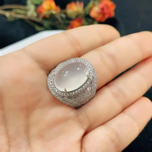 Natural White Agate Gemstone Ring 925 Silver Inlay Simple Exquisite High Ice White Chalcedony Ring Men and Women Holiday Gift