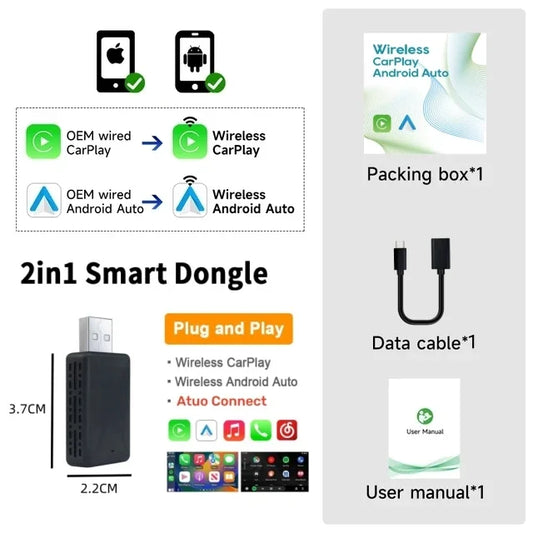 2 IN 1 Mini Box Wired to Wireless CarPlay and Android Auto 5GHz WiFi5 Transmission Speed Plug and Play Fashionable and Portable