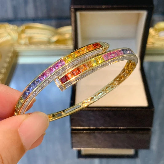 Aazuo Original Design 18K Yellow Gold Natrual Color Sapphire Real Diamonds Line Bangle For Woman Upscale Trendy Engagement Party