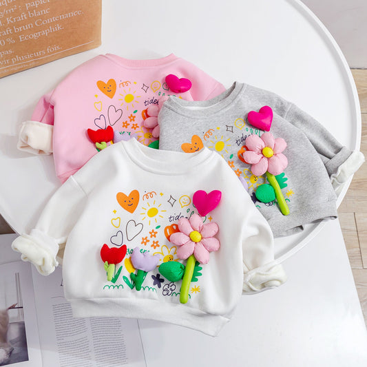 Baby Girl Flower Patched Pattern Thickened Autumn Hoodies