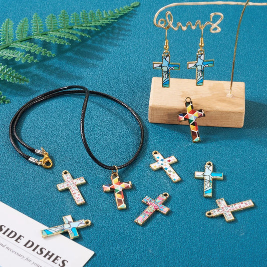 30pcs Mosaic Style Cross Enamel Pendant Mix Color Crucifix Religion Charms for Jewelry Making DIY Accessories 29x17x1.5mm